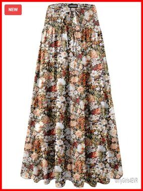 Womens High Waist Pleated Ruffle Maxi Skirt Boho Flowy A-Line Polyester